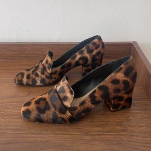 Tamara Mellon pony hair leopard print loafers